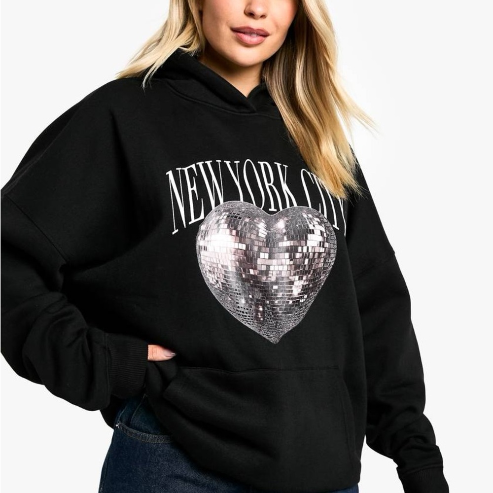 New York City Disco Heart Printed Oversized Hoodie
